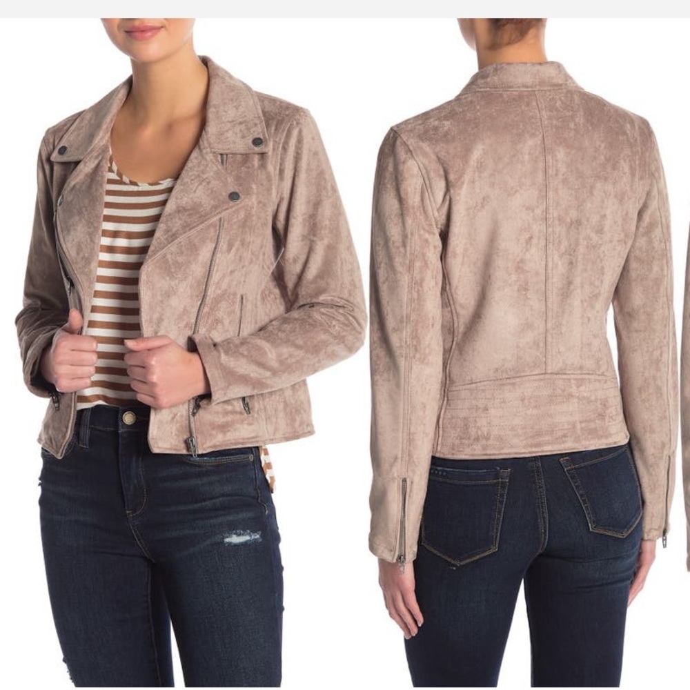 BLANK NYC Faux Suede Moto Jacket in Shroom Tan S